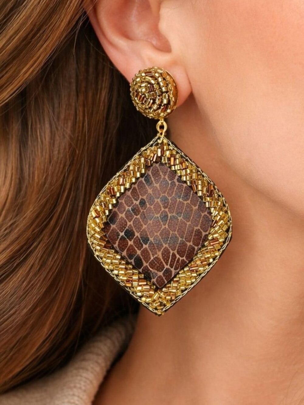 NEW Icon Collection Gold Beaded Snakeskin Statement Earrings Western Drop 2.75”